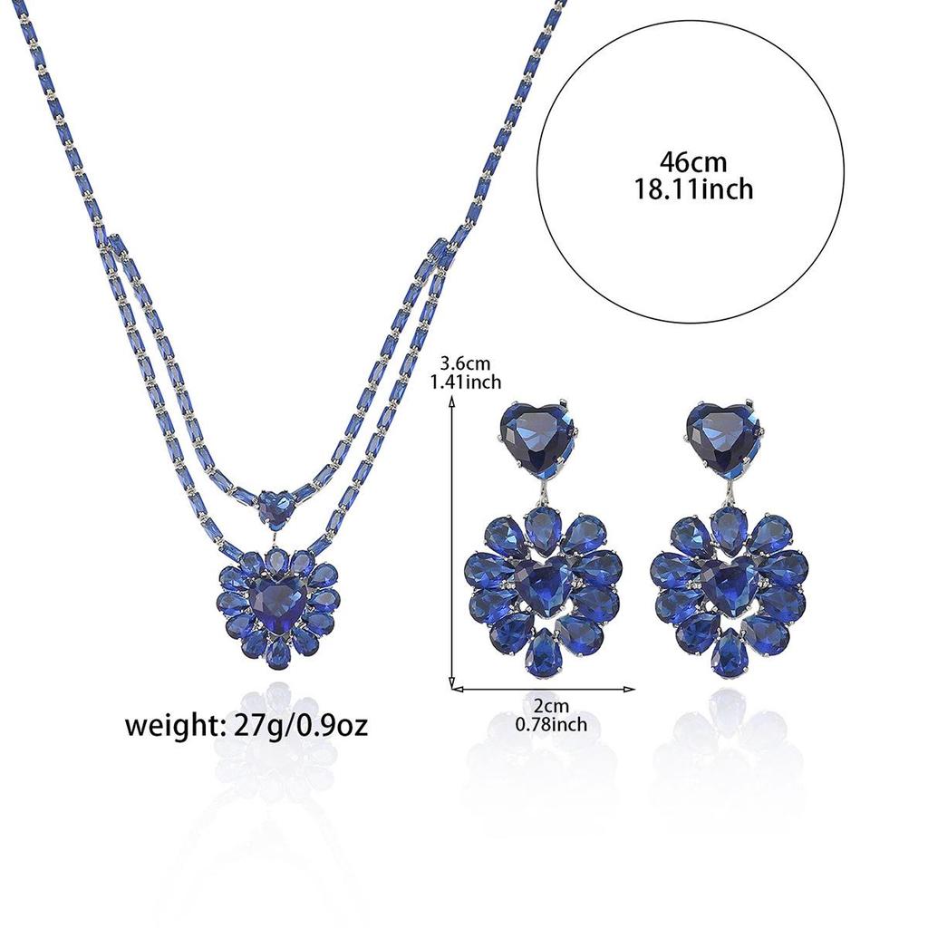 New Double-Layer Zircon Heart Necklace and Earrings Set - Blue Fashion Trend Accessories
