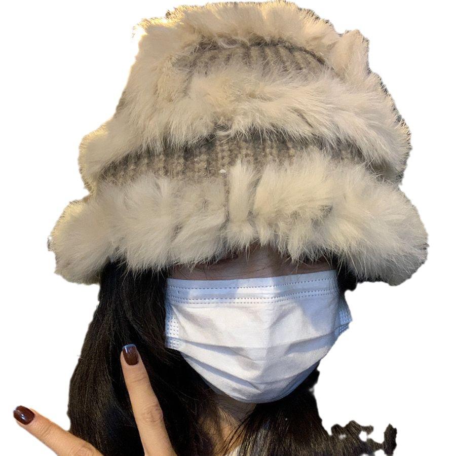 Rabbit Fur Knitted Plush Hat Women'S Autumn And Winter Furry Bucket Hat Big Head Circumference Showing Face Small Wool Hat