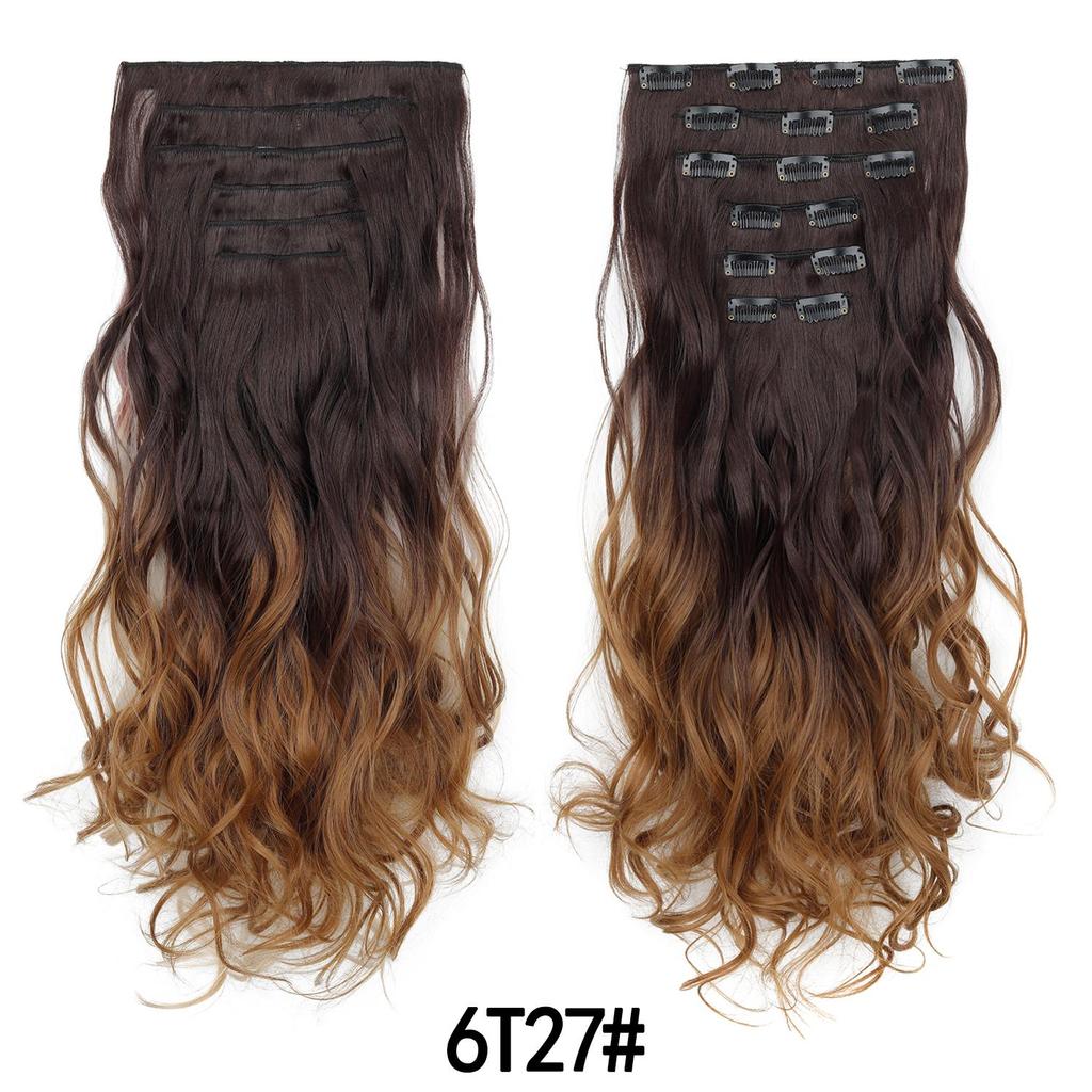 6PCS Set Hairpiece Clip In Hair Extensions Long Wavy Hair Full Head Brown Ombre Gradient Color Natural Look