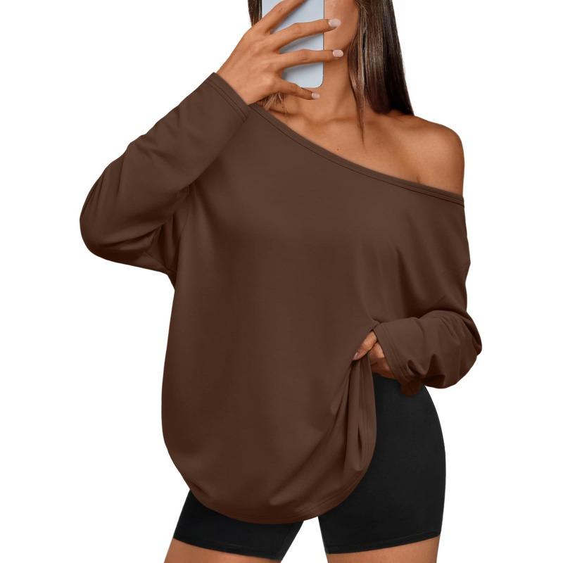 Women S Color Block Off Shoulder Hooded Long Sleeve Casual Sports T Shirt