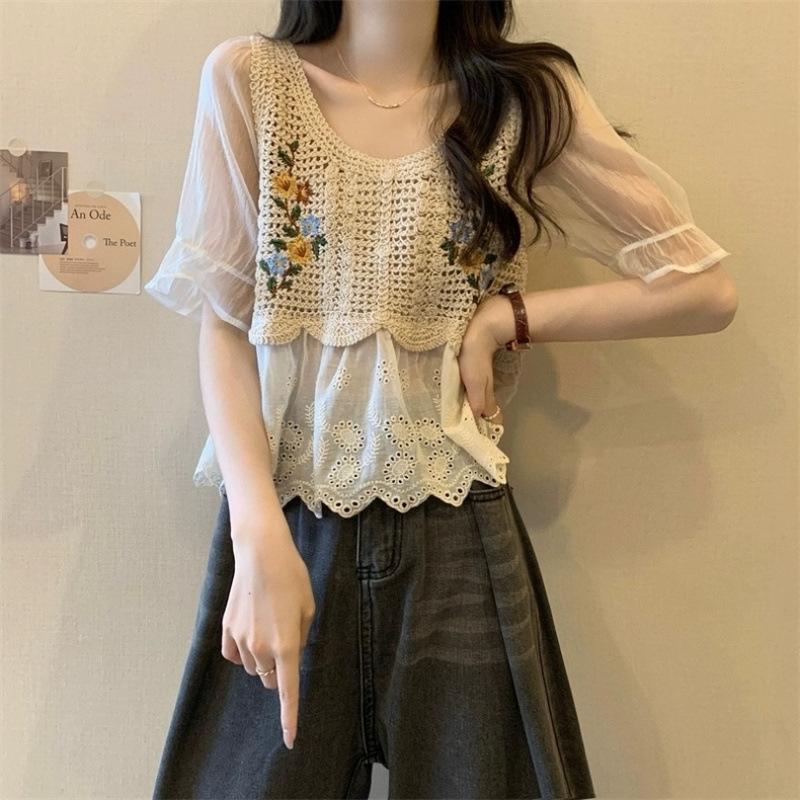 Camicetta da Donna a Maniche Corte in Chiffon Ricamo Floreale Retrò Francese Intreccio Traforato Top Stile Etnico Estivo