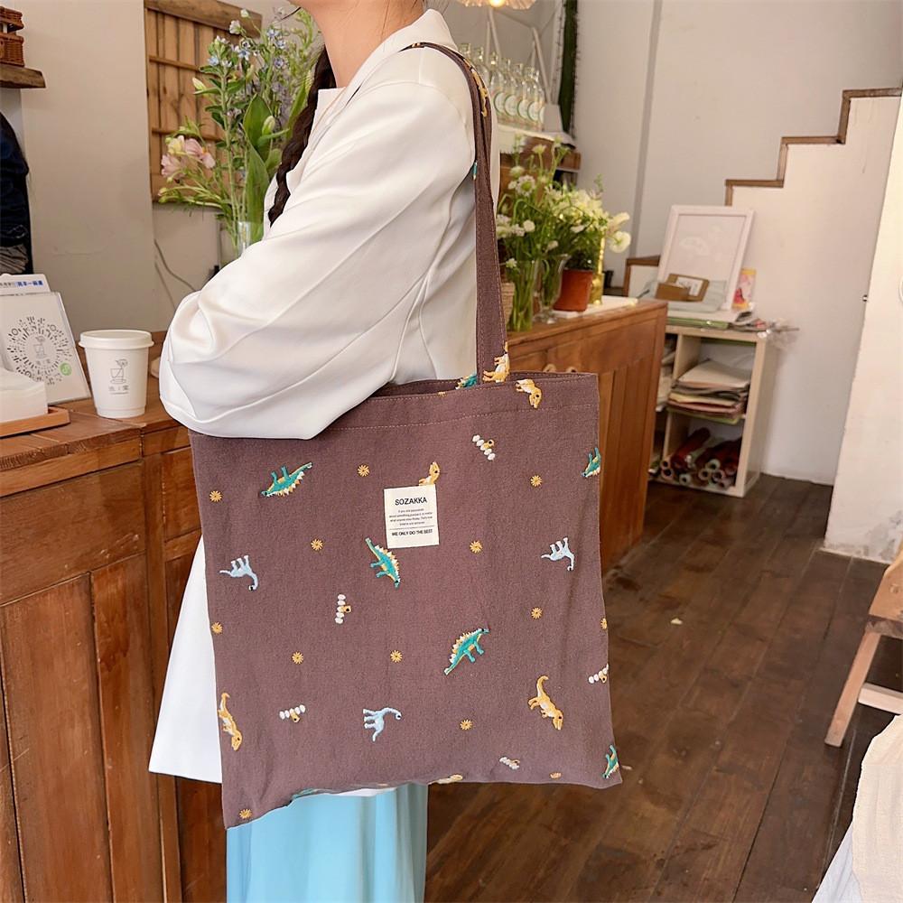 Stylish Large Capacity Canvas Tote Bag With Embroidered Cactus For School And Daily Use