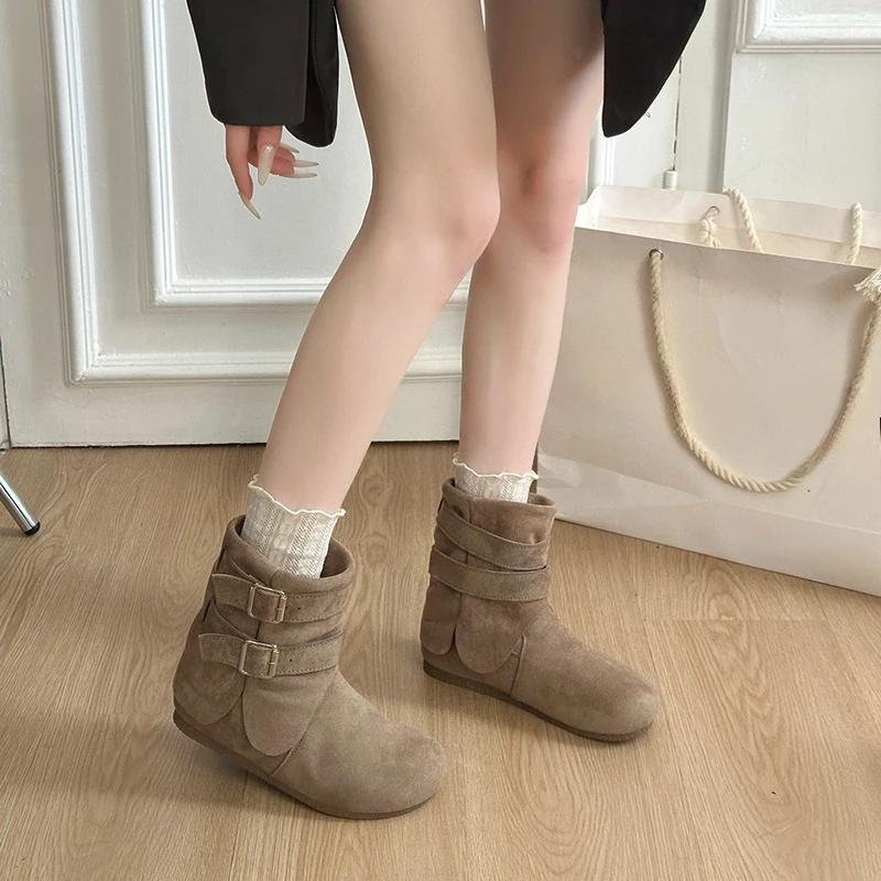 Suede Booties Autumn New Round Toe Sleeve Metal Buckle Non-Slip Wear-Resistant Flats