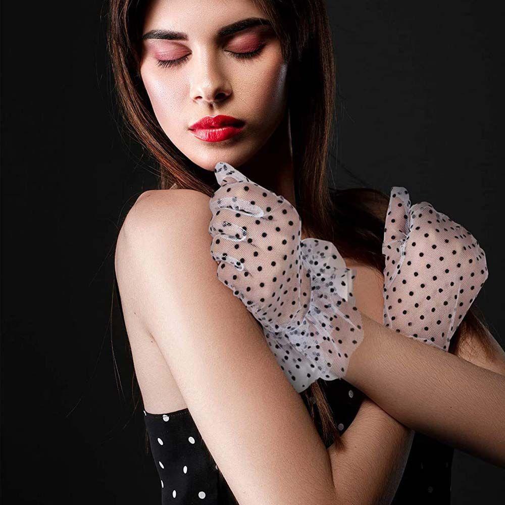 Stretchy Lotus Leaf Driving Full Finger Lace Gloves Polka Dot Gloves Women Lace Gloves Korean Style