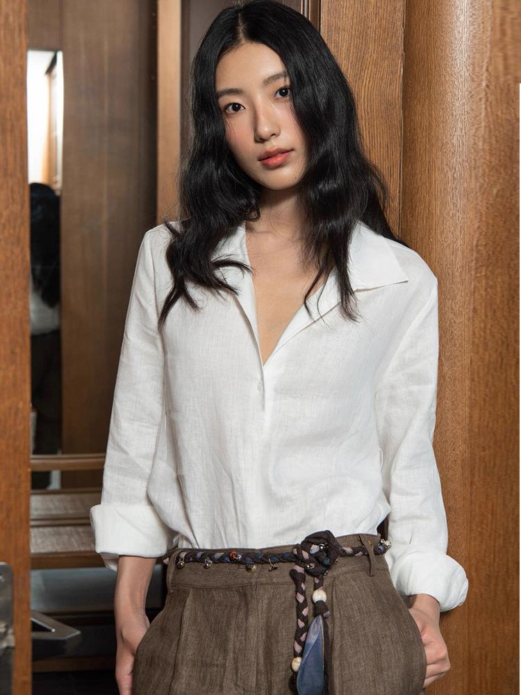 Si Yuan Design V-Neck Button-Down Linen Shirt - Women's Loose Relaxed Fit, New Style 2026.