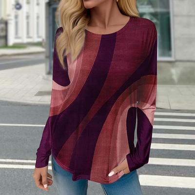 Maglietta invernale in cotone con stampa geometrica da donna, a contrasto, vintage, a maniche lunghe, stampata, ampia, primaverile, autunnale, elegante, da donna