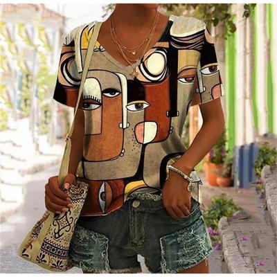 Abstraktes Gesicht T-Shirts Fake Tasche 3D Druck Damen V-Ausschnitt Kurzarm T-Shirt Y2K Lässige T-Shirts Harajuku Tops Damenbekleidung