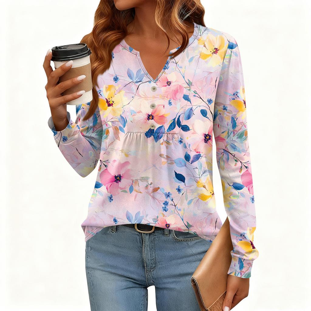 Γυναικείο Χαλαρό, V-λαιμόκοψη, Ρετρό Χρώμα, Μπλοκ με Φλοράλ Σχέδιο, Μακρυμάνικο Πουλόβερ T-shirt