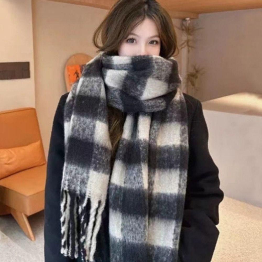 Tassel Plaid Wool Scarf Mohair Long Shawl Elegant Winter Cashmere Scarves  Student