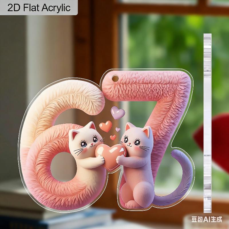 2D Flat Adorable Cats Six Seven Acrylic Decoration Sign, Valentine'S Day Gift, Suitable for Wall Decoration, Porch, Room, Villa, Accents Home, Hallway