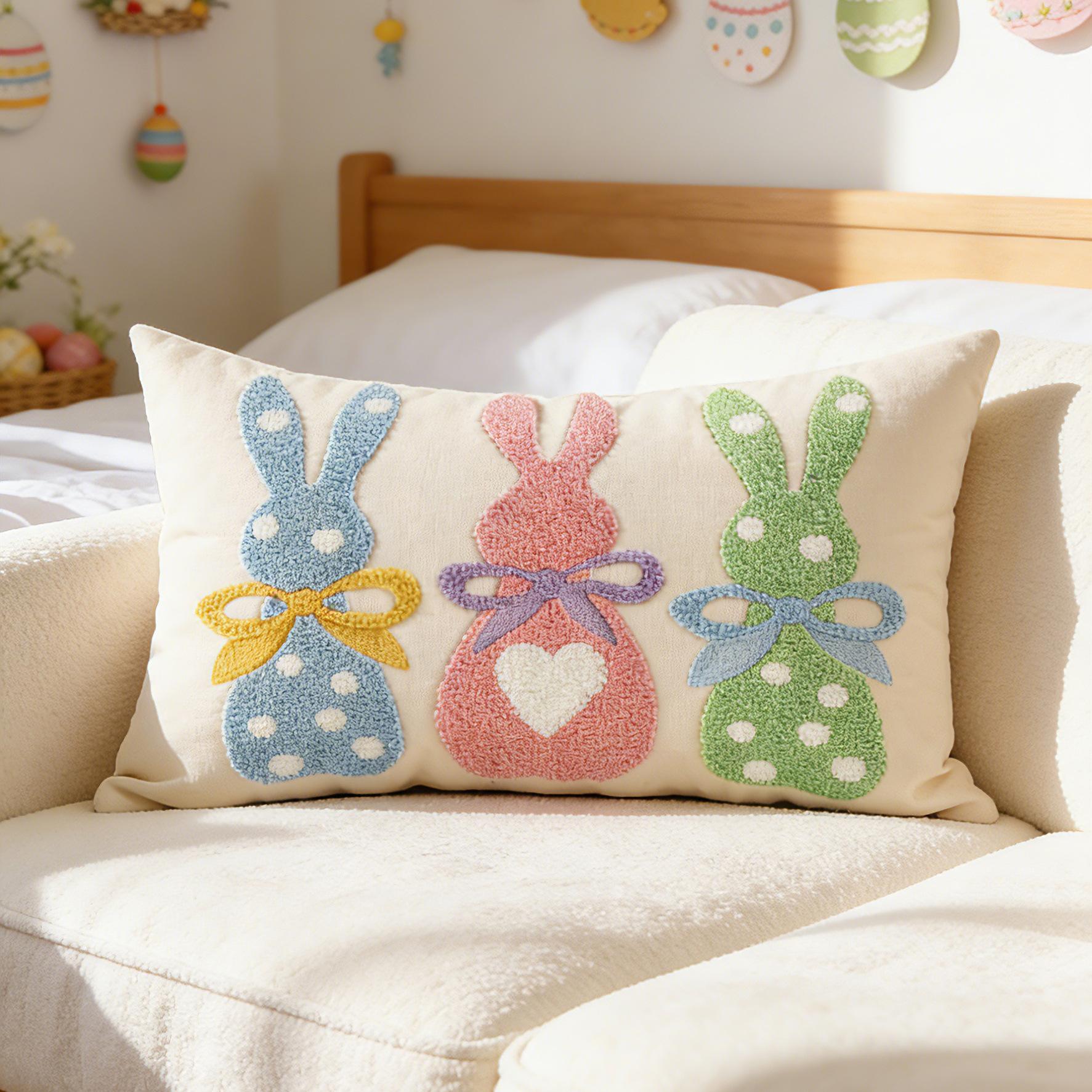

30x50cm Rabbit Embroidered Throw Pillow Cover Linen Plush Cute Stamping Waist Cushion Cover Decor Home Easter Bunny Pillowcase 30x50cm 1pc cover