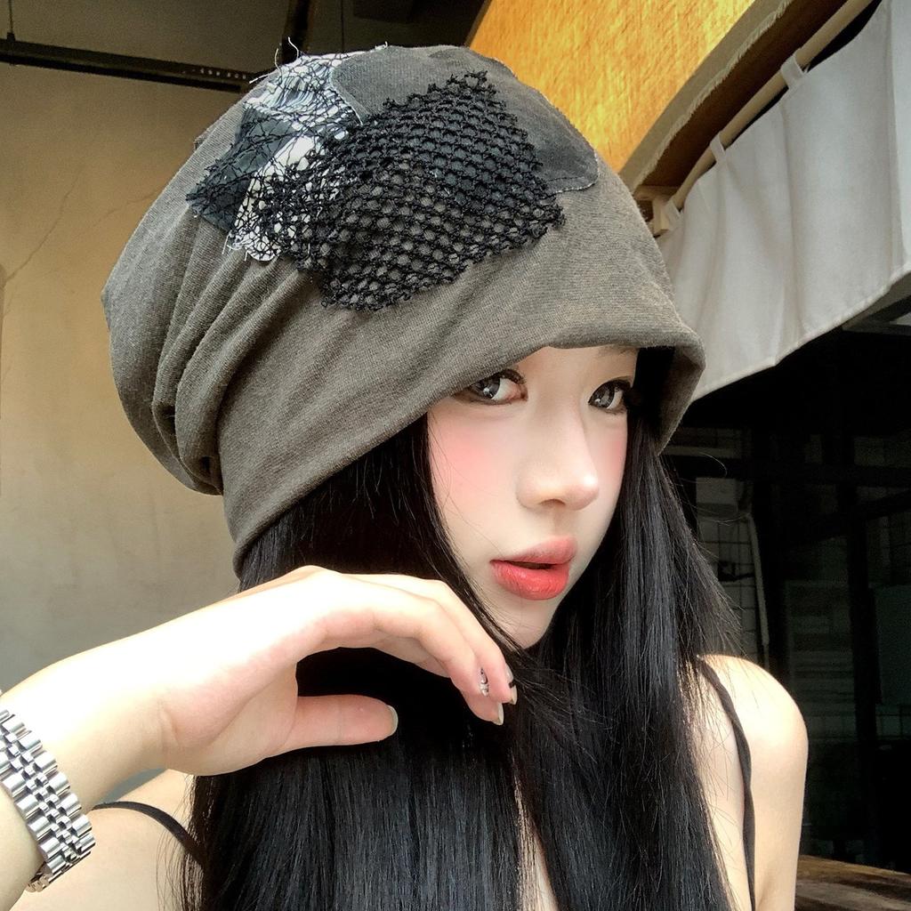 Niche retro cloth stickers stacked hat women's summer thin loose face small cold hat versatile big head circumference bag head hat