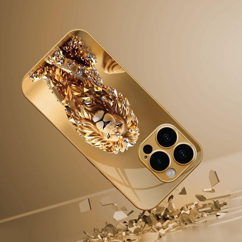 Funda de Cristal para Teléfono con Patrón de León Dorado Pintura Metálica Dorada para iPhone 17 11 12 13 14 15 16 Pro Max 15 Plus 17Air 16E Cubierta