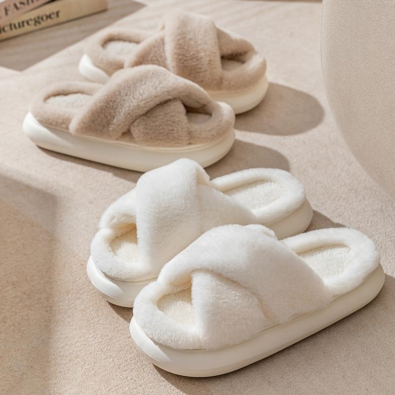 Cross Warm Fluffy Furry Slippers Women Lightweight Flat Heels Fur Slides Woman Autumn Winter Open Toe Non Slip Home Floor Shoes