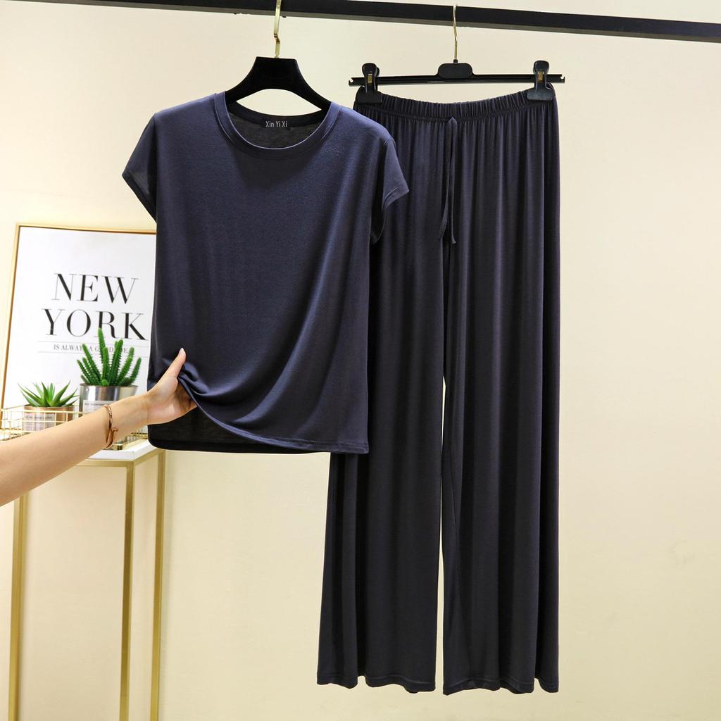 Plus Size Modal Pajama Set: Short Sleeve T-Shirt & Long Casual Pants