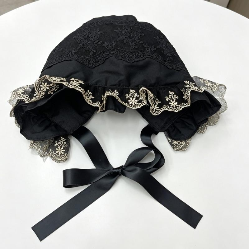 Gekräuselte Spitzenhaube mit Blumenstickerei und faltbarem Design für Cosplay, Anime-Maid und Theaterkostüm-Styling
