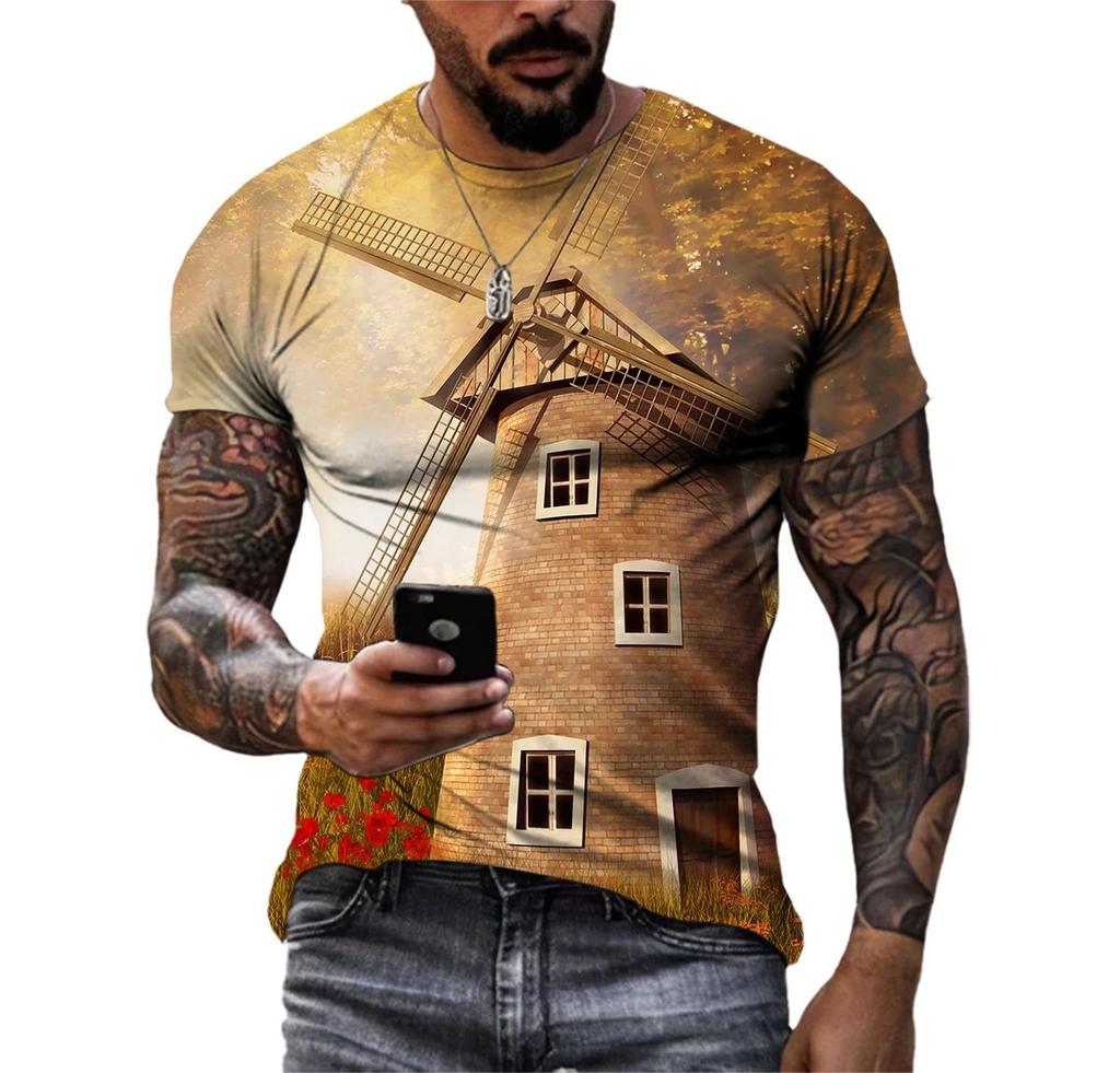 Fashion Casual 3d Printed Nature Landscape Pattern Summer Men Interesting Trend Plus Size Street Personality Harajuku Loose Top