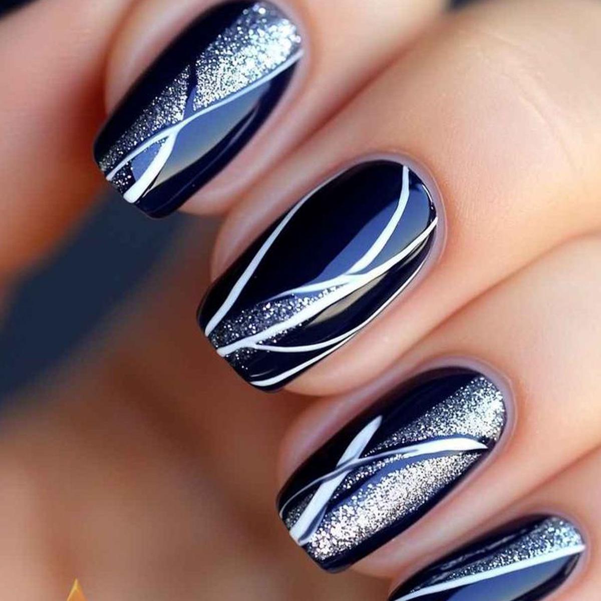 European & American Style Medium-Long Square Black Line Nail Art Stickers Glue Type