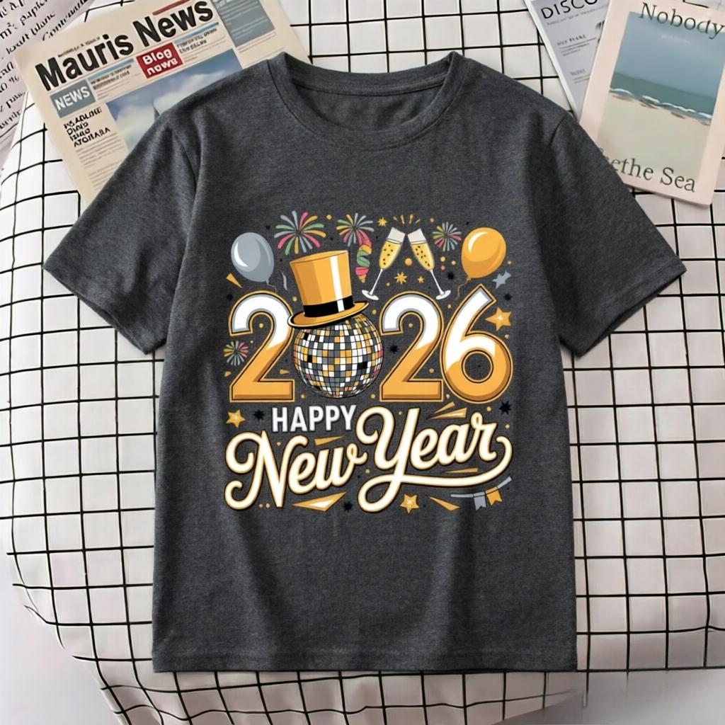 2026 Happy New Year Celebration Graphic Pure Cotton Loose Daily Casual Tops