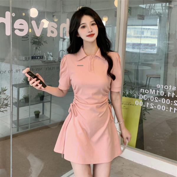 

2023 Приталенное Сладкое и Острое Весенне-Летнее Платье-поло с Воротником S розовый