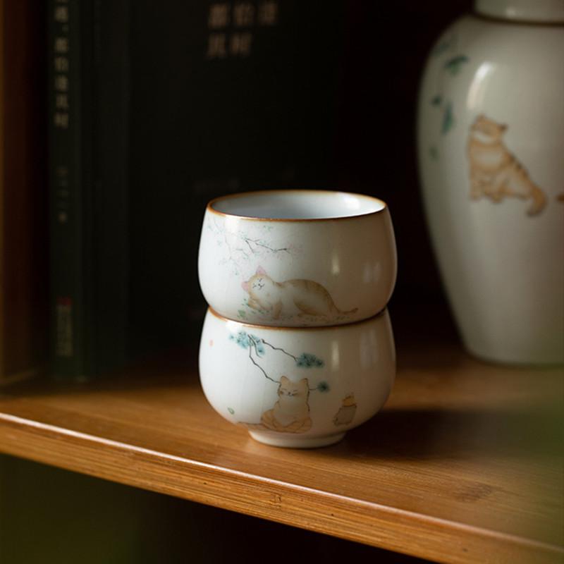 1 Pc Chinese Tradition Ru Kiln Ceramic Tea Cup Handmade Cute Cat Teacup Household Personal Tea Bowl Travel Master Cup Tea Set