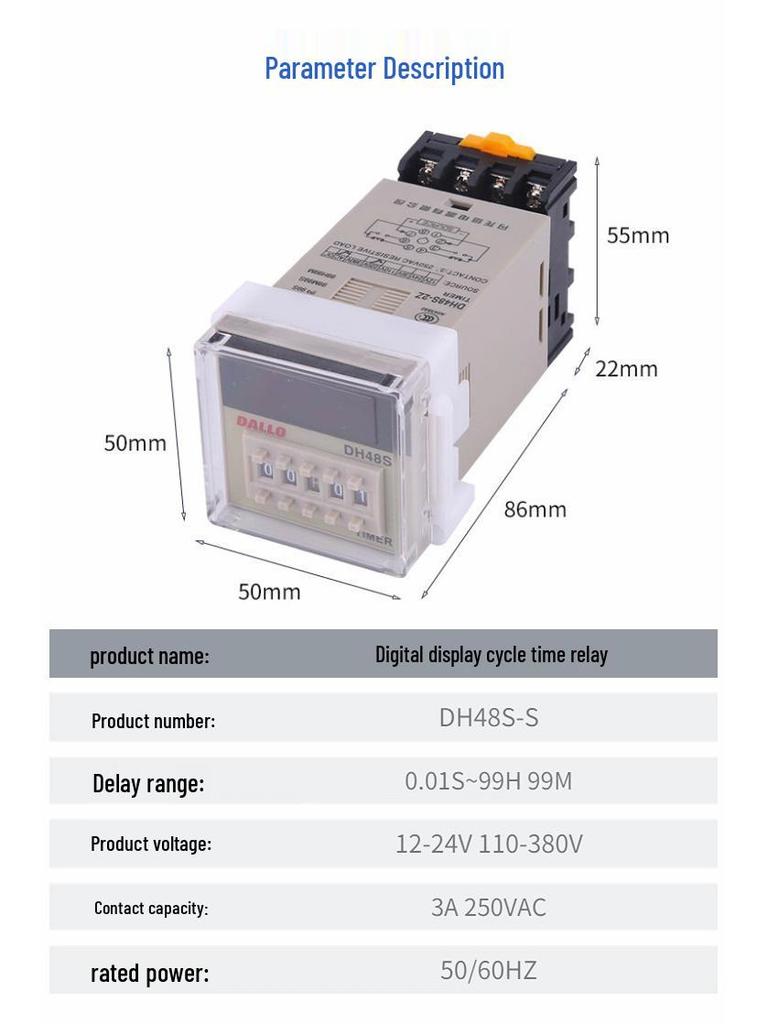 Danlong DH48S Time Relay, 2Z/1Z Pin, 220V/24V Preset Electronic Relay.