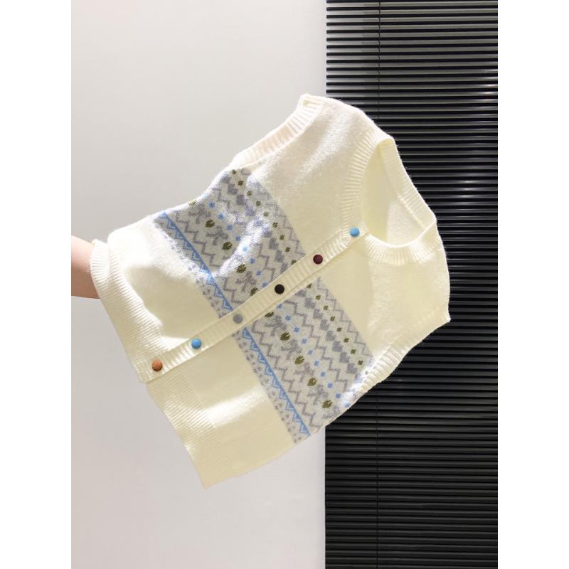 Retro Jacquard Layering Sleeveless Vest Knit Waistcoat For Women Autumn Winter New Style Color Block Single Breasted Top Cardig
