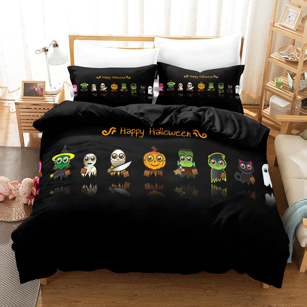 Halloween Duvet Cover Set Funny Cartoon Witches Hat Ghosts Bat Full Moon Cat Bedding Set King Size 2/3pcs Polyester Quilt Cover