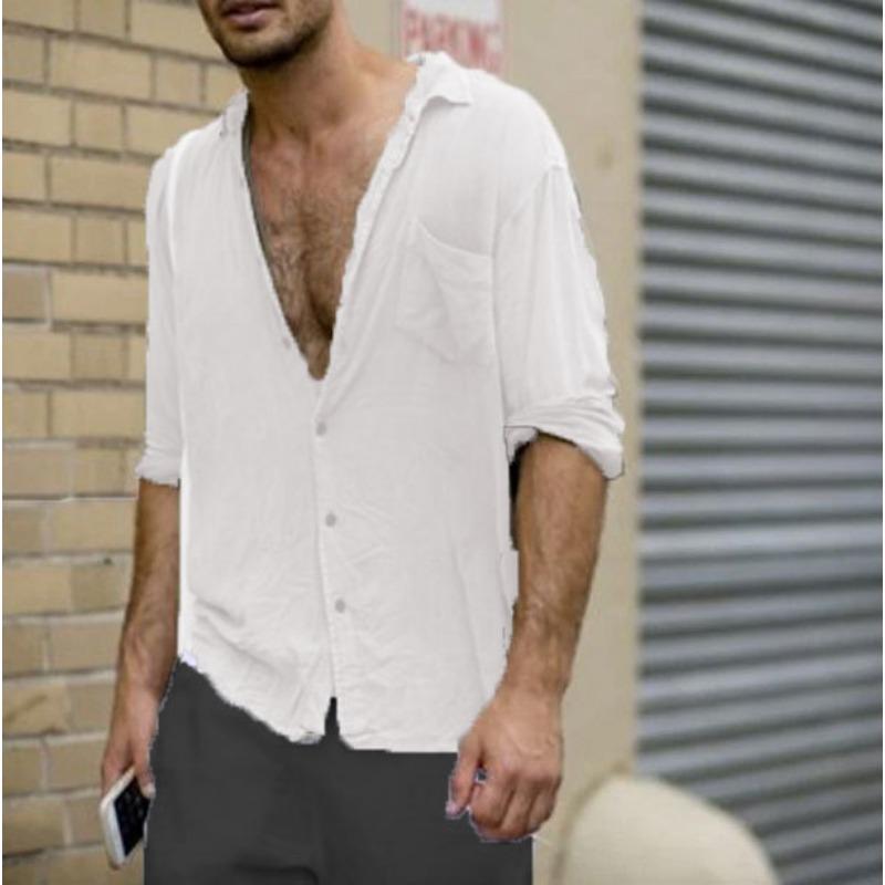 Men's Collar Pocket Cotton Linen Shirt Casual Shirts