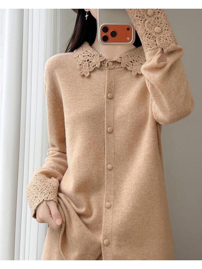 100% Mercerized Wool Crochet Lace Polo Collar Casual Versatile Knit Cardigan for Women