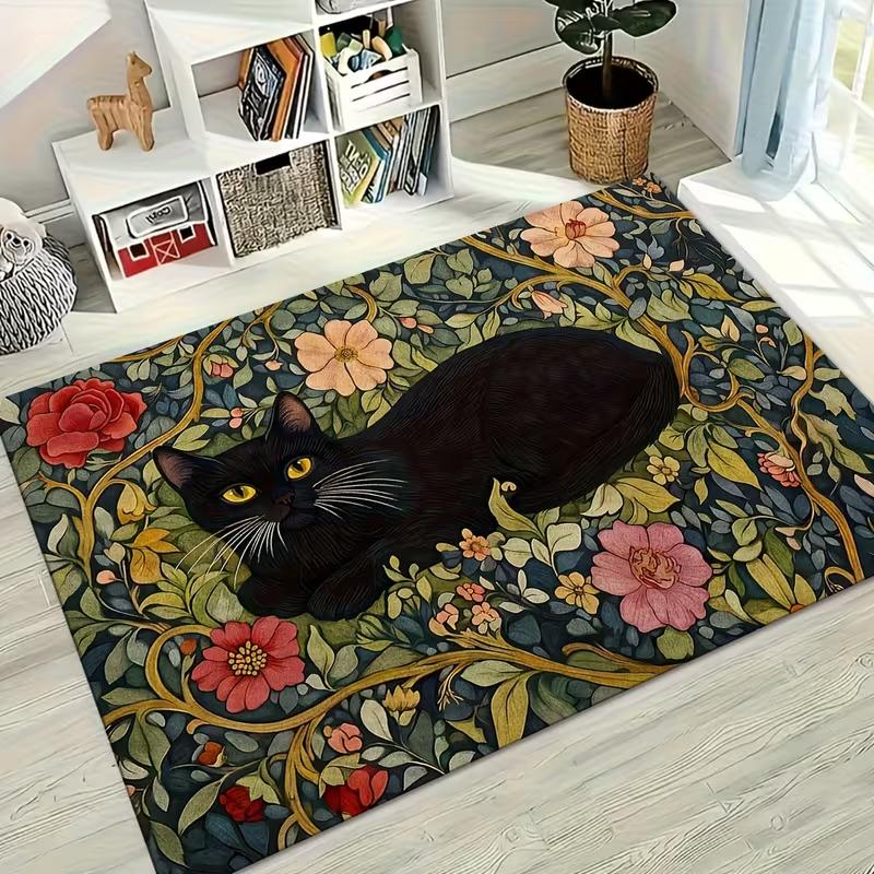

Cute Black Cat Floral Print Area Rug Soft Non-Slip Living Room Carpet Boho Flower Cat Pattern Floor Mat for Bedroom Hallway 40x60cm