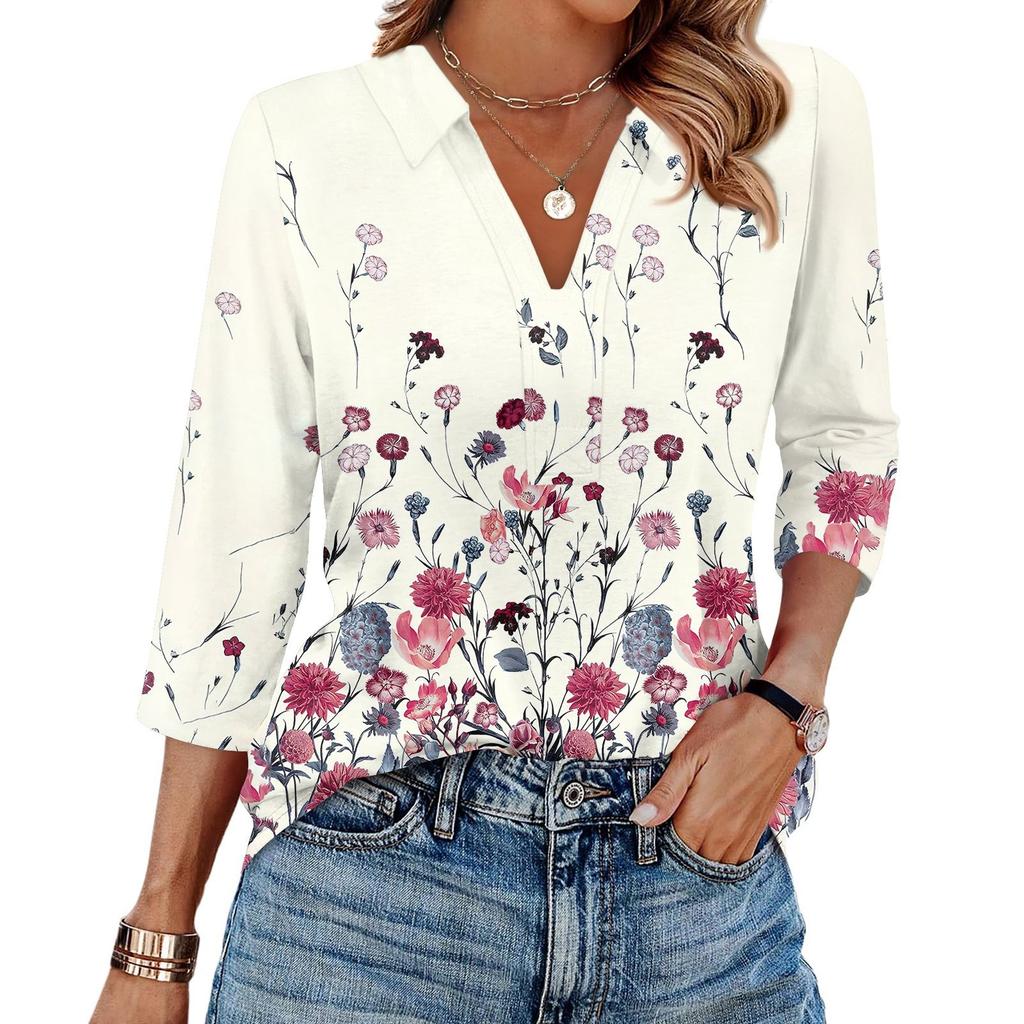 Damesmode Casual Revers 3/4 Mouw Print Shirt Dames V-Hals Tops