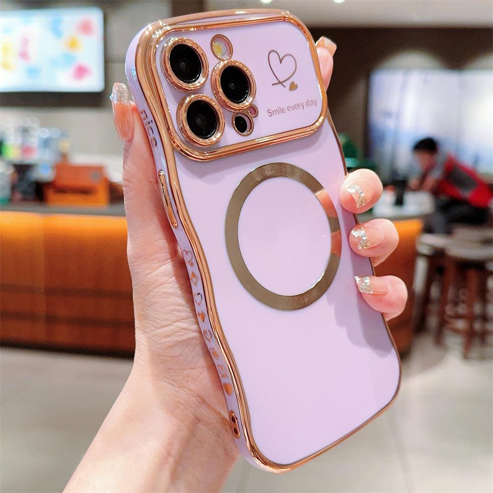 Electroplated side heart-shaped large window, iPhone 17 phone case, magnetic wave pattern, iPhone 16 Pro Max soft case 15
