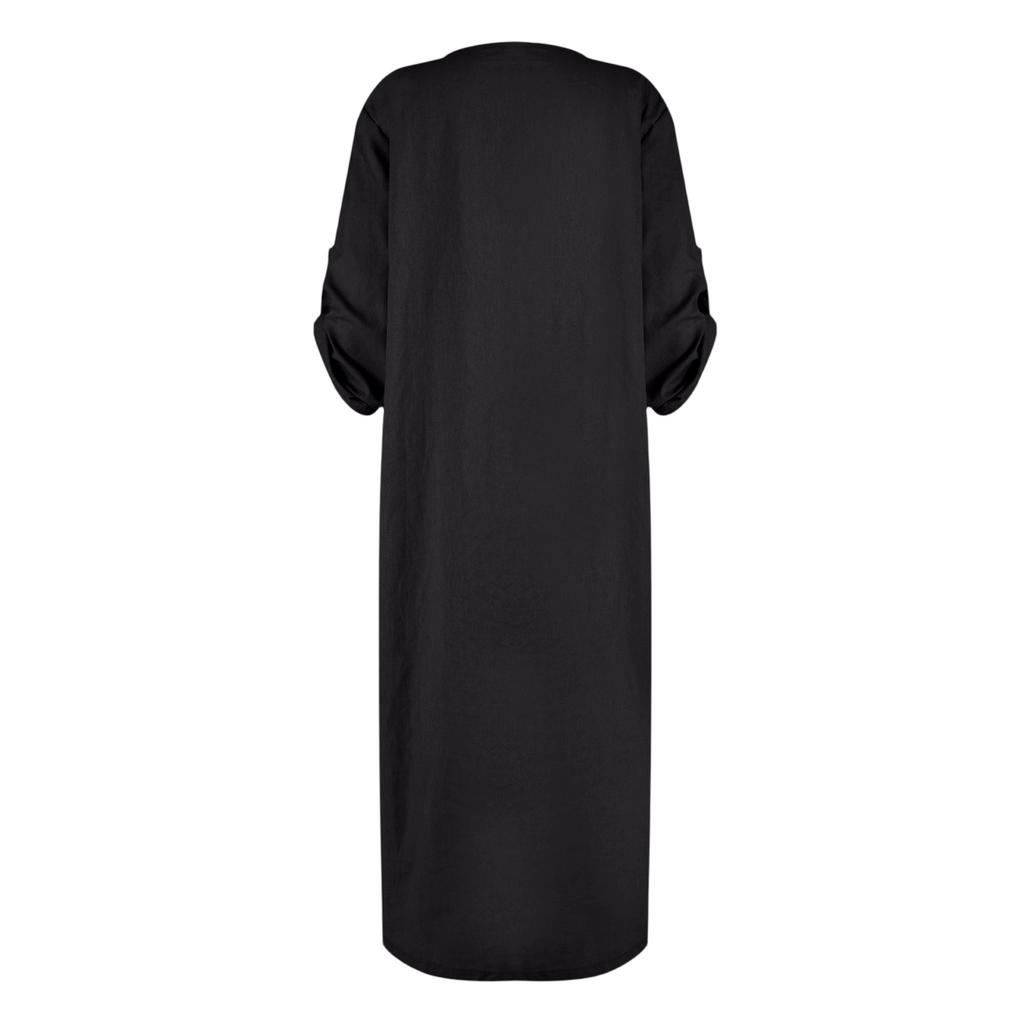 Modisches Damenkleid mit Rundhalsausschnitt, Farbe, locker, lässig, kurzärmelig, Tasche, Baumwolle und Leinen