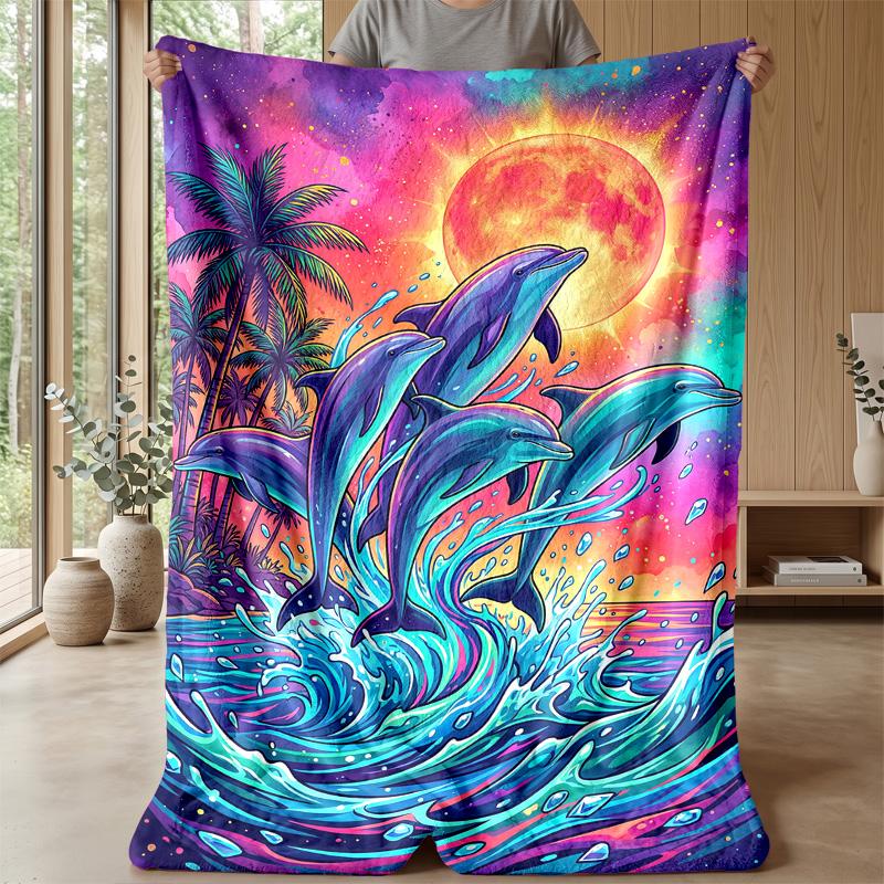 Dolphins Leaping at Sunset 1 Theme blanket Lightweight Warm Flannel Blanket Decorative Throw Blanket for Home Decoration