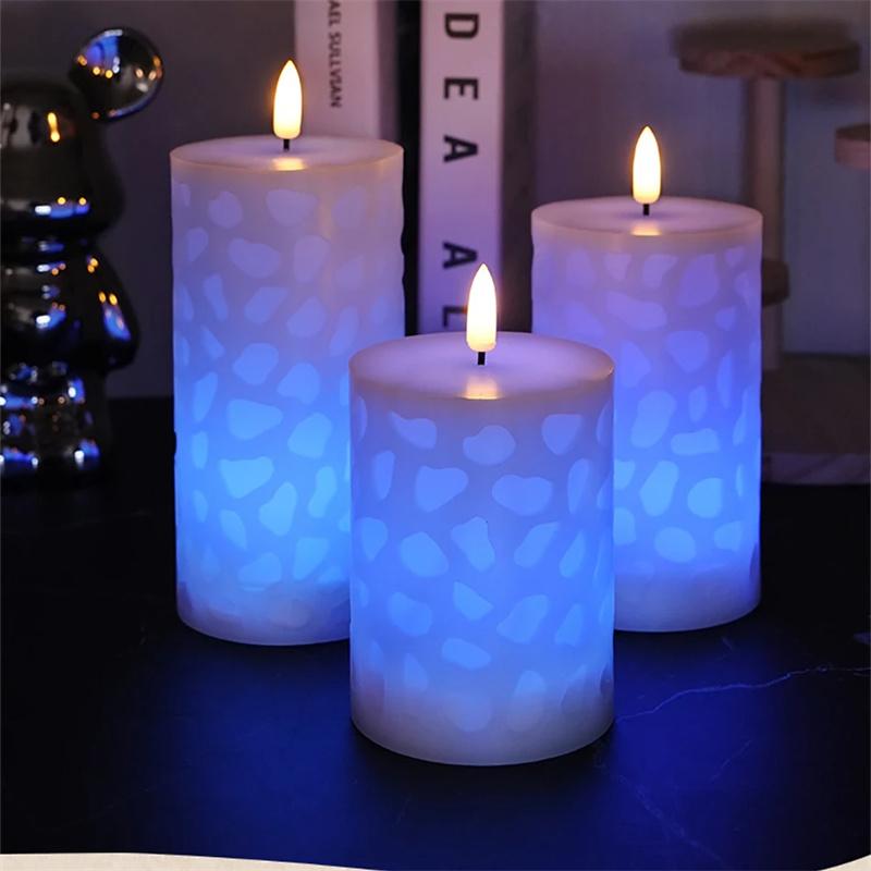 3-Pack Flameless LED Paraffin Wax Candles Battery Operated Remote Timer Emboss Window Light DIY Outdoor Indoor atmosphere Lamp
