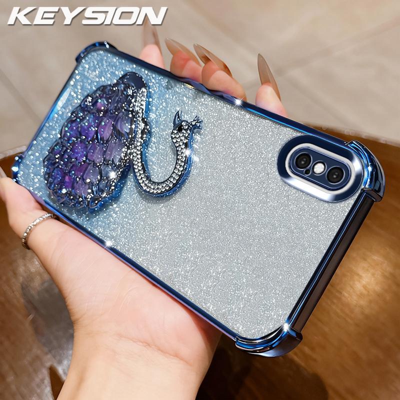 KEYSION Shockproof Plating Phone Case for iPhone XS Max Clear TPU Glitter Jewelled Swan Kickstand Back Cover for iPhone X XR