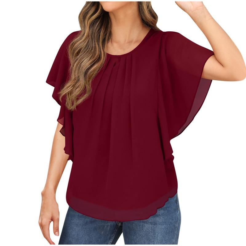 Summer Loose Short Sleeve Casual Chiffon Blouse Women Fashion Tops Solid Color Pleated Simple Elegant Office O Neck Shirts Ladies Clothes