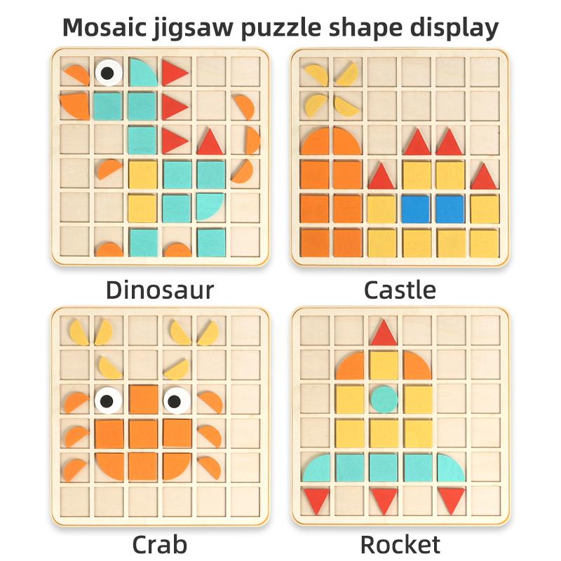 2-In-1 Wooden Mosaic Puzzle & Pegboard Set - Creative Shape Building Double-Sided Early Fun Montessor Benefit Intelligence Game