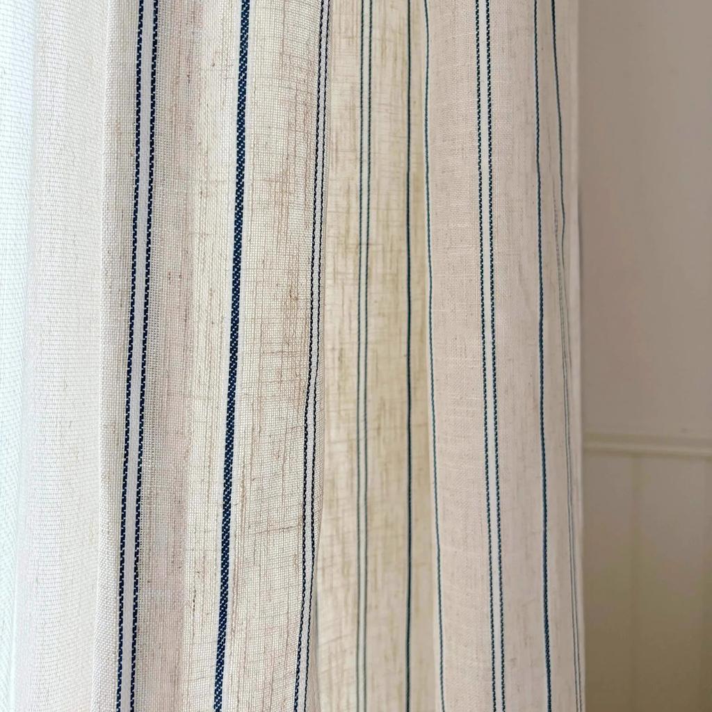 French Medieval Linen Texture Cream Blue And White Striped Gauze Curtains For Living Room Bedroom Bay Window Sunshade