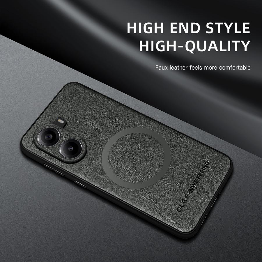 For POCO X7 X7 Pro Fine Hole PU Cow Pattern Leather Outer Magnetic Ring Soft Edge Anti-Drop Anti-Fingerprint Phone Case