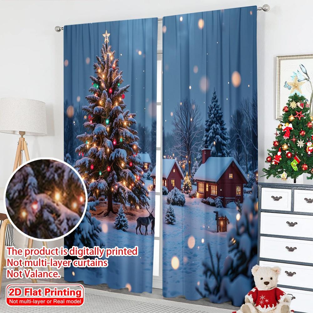 2pcs 2D flat printing Merry Christmas Popular Curtain Cozy Winter Village Christmas Scene Polyester Without Electricity Party