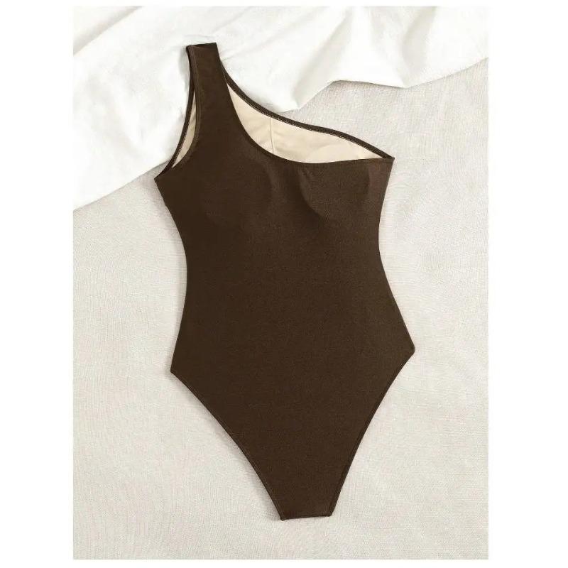 Cikini Brown Swimsuit Metal Jewelry One Shoulder Vacation Style One-Piece Summer Beach Swimwear Bathing Suit For Women