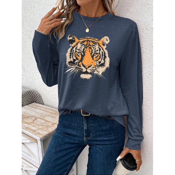 Women's casual sports long sleeve T Shirt Tiger print, fashionable loose fit Comfortable and versatile outdoor everyday wear for spring and summer