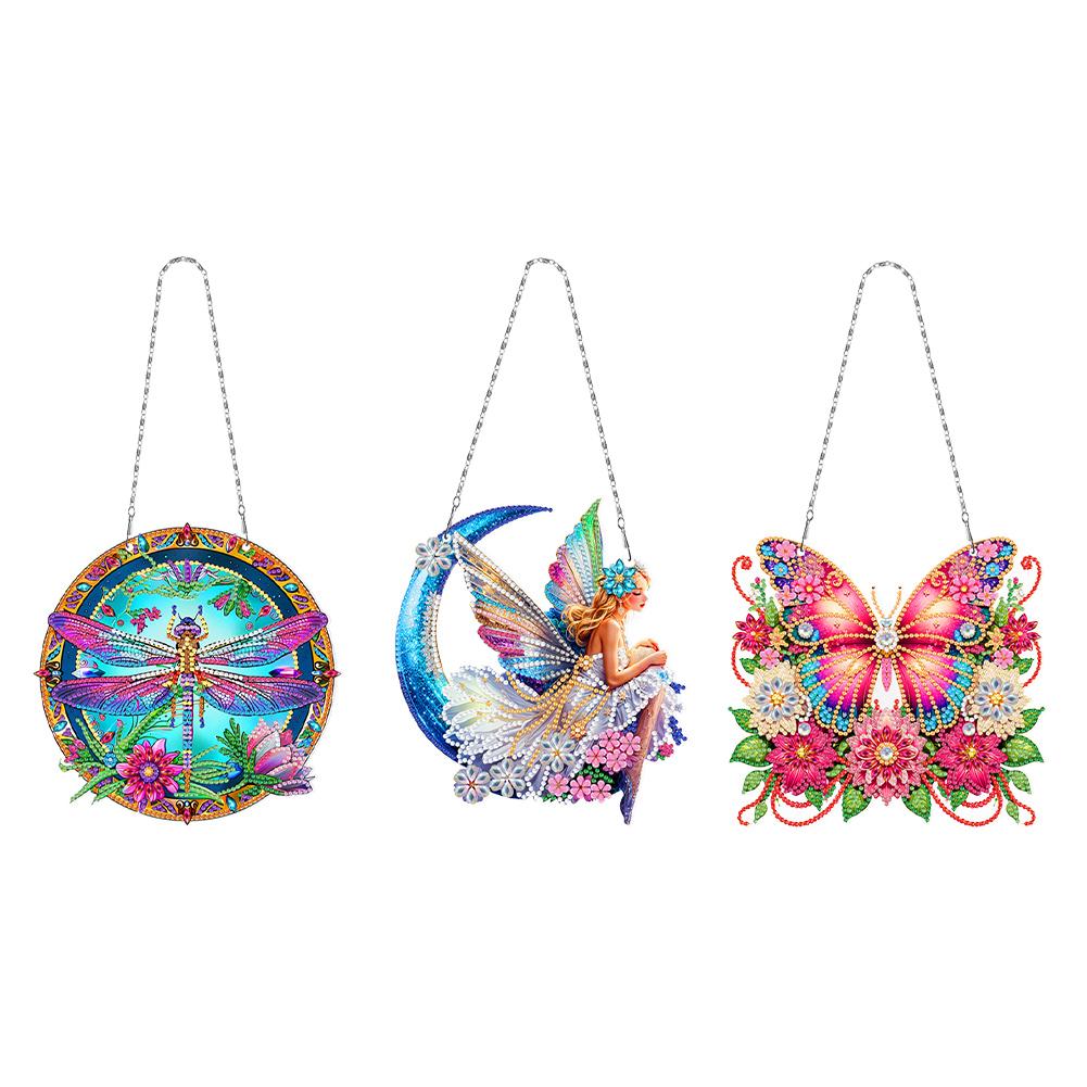 3pcs 2D/Flat DIY Diamond Painting Set Rhinestone Diamond Art Window Pendants Diamond Art Pendant Wall Decor for Home & Windows