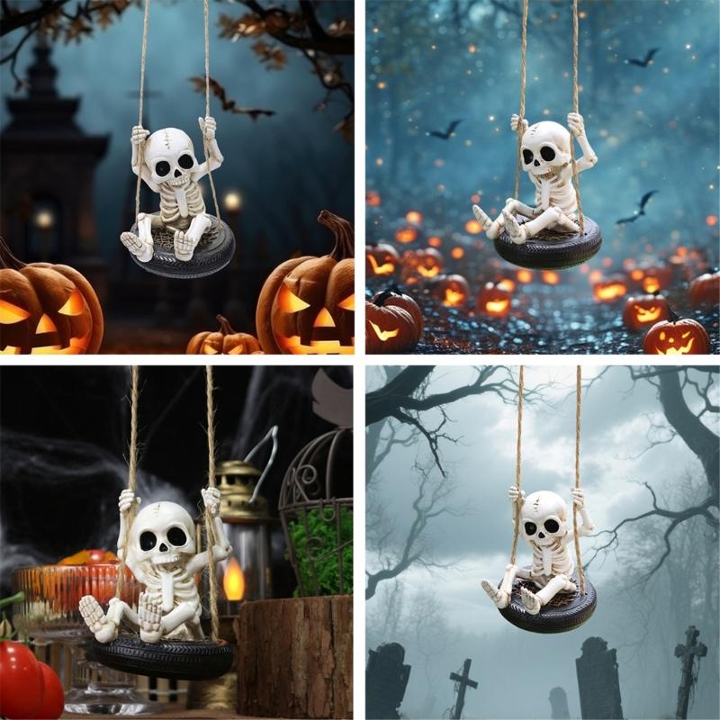 Scary Skeleton a Swing Hanging Statue Garden Decors Tire Swing Skull Sculptures Hanging Ornament for Patios Lawn Yard
