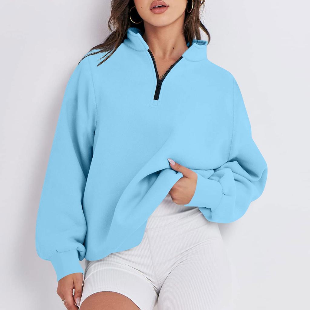 Women's Casual Fashion Long Sleeve Solid Color Zip Sweatshirt Top
