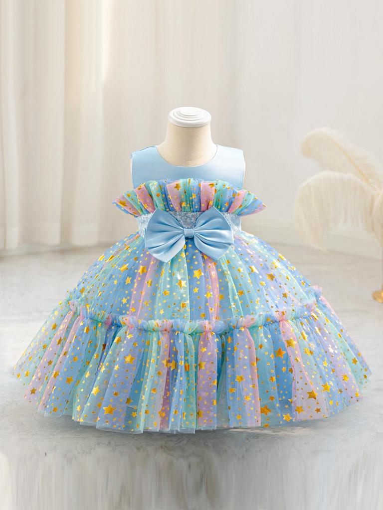 Summer 2025 Girls' Star Gradient Sleeveless Mesh Princess Dress with Butterfly Design for Formal and Piano Events