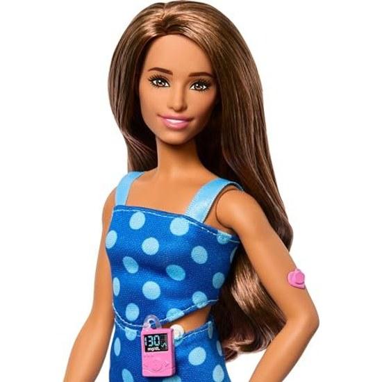 Barbie Fashionista Puppe #242 trägt gepunktete Kleidung Accessoires Typ-1-Diabetes Partnerschaft Breakthrough T1D.