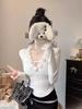 Threaded Plush White Puff Sleeve Lace V-Neck Long-Sleeve Slim-Fit Women's T-Shirt for Autumn/Winter